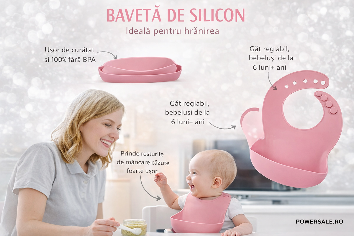 Set 10 piese hranire bebelusi din silicon alimentar – Set diversificare complet cu baveta reglabila - Boomsale.ro