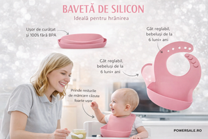 Set 10 piese hranire bebelusi din silicon alimentar – Set diversificare complet cu baveta reglabila - Boomsale.ro