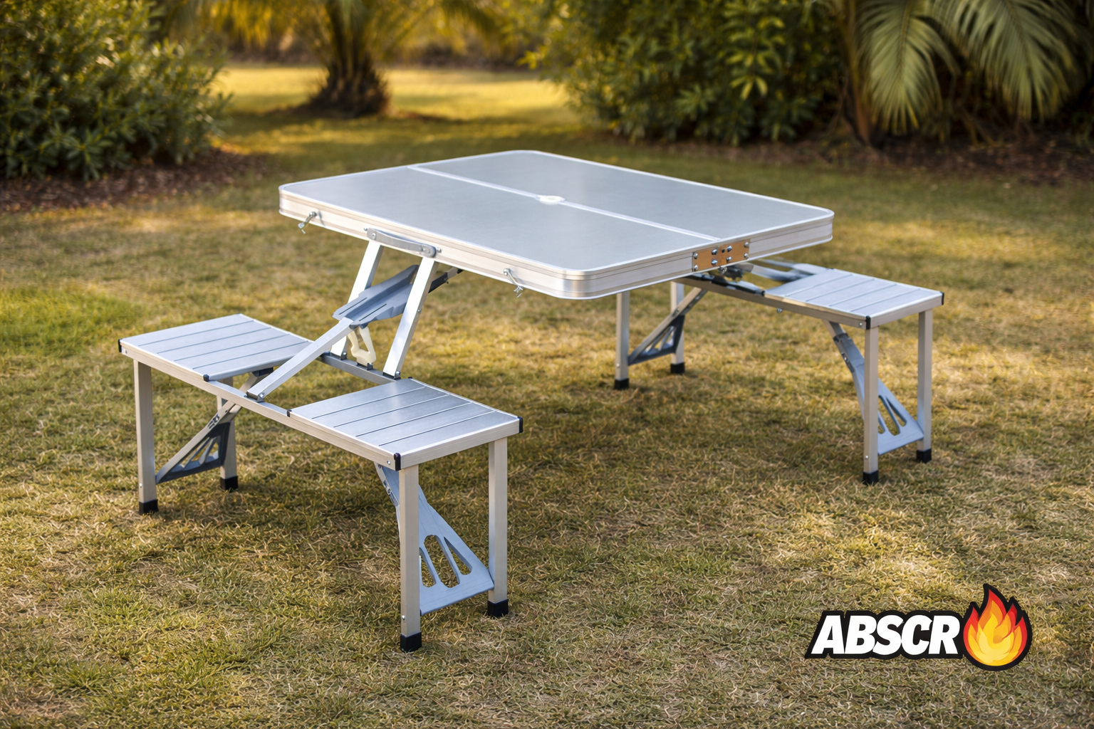 Masa pliabila aluminiu tip geamantan cu 4 scaune si suport umbrela – ideala pentru picnic, camping si gradina - Boomsale.ro