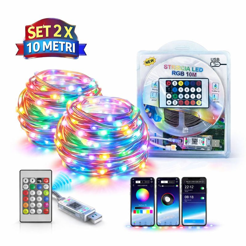 Set 2 Banda LED RGB 10m, Multicolor, Aplicatie Telefon, Intensitate Reglabila - Boomsale.ro