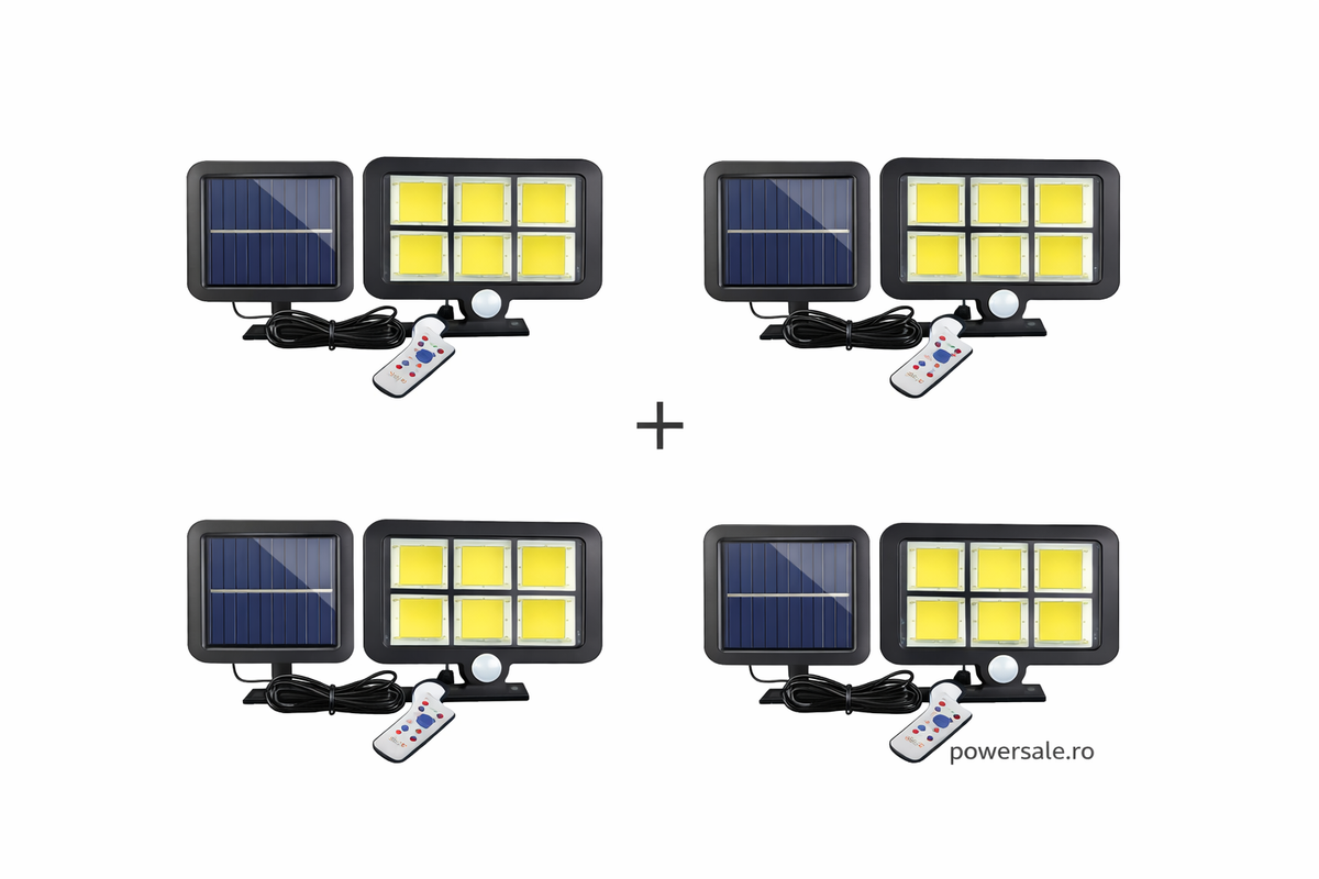 Set 4 Lampi Solare cu Panou Solar, 6 COB, Senzor de Miscare, Telecomanda - Boomsale.ro