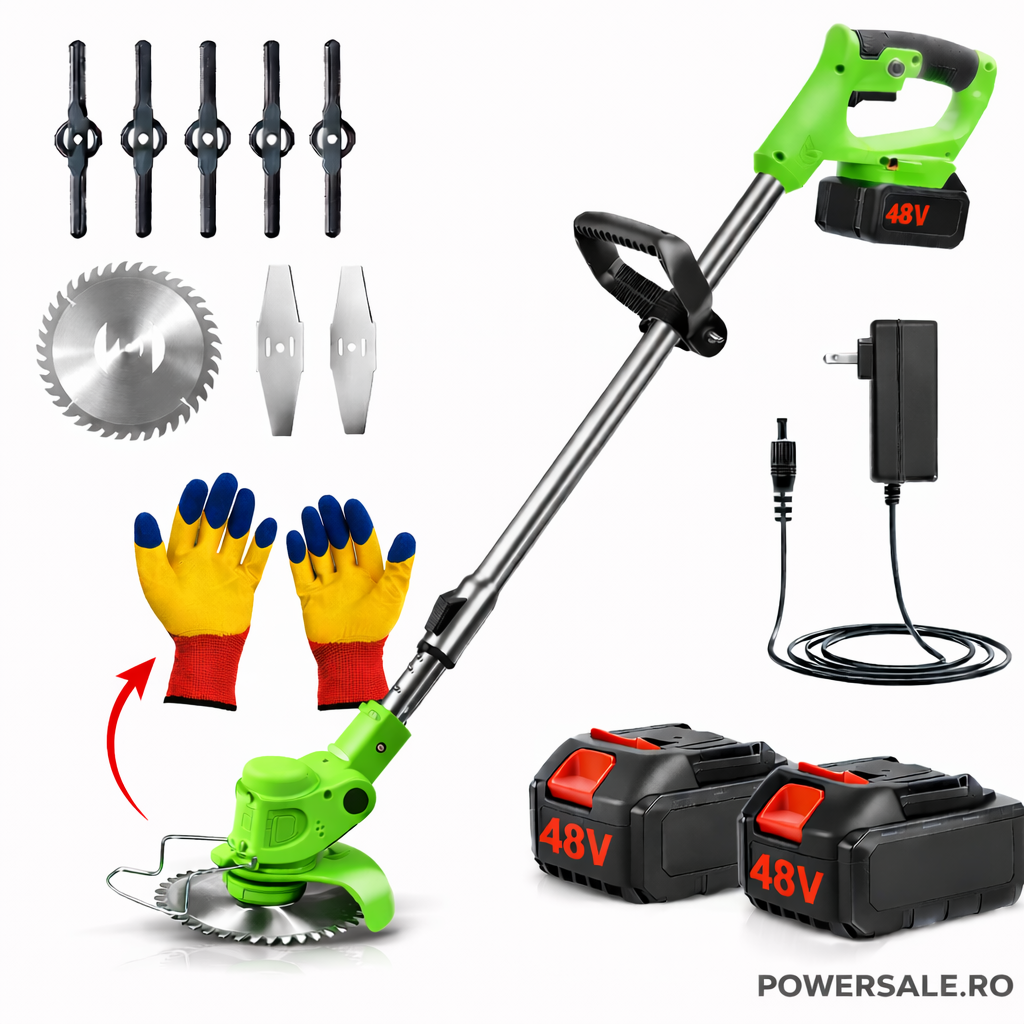 Motocoasă Electrică cu Acumulator 48V 4000 mAh, 20.000 RPM, Braț Reglabil, Autonomie 4 Ore + CADOU Mănuși Protecție - Boomsale.ro