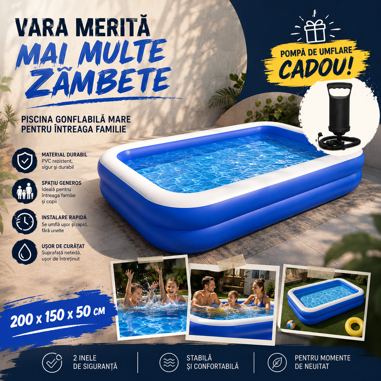 Piscina gonflabila familiala 200x150x50 cm cu pompa de umflare cadou, PVC rezistent, 2 inele de aer - Boomsale.ro