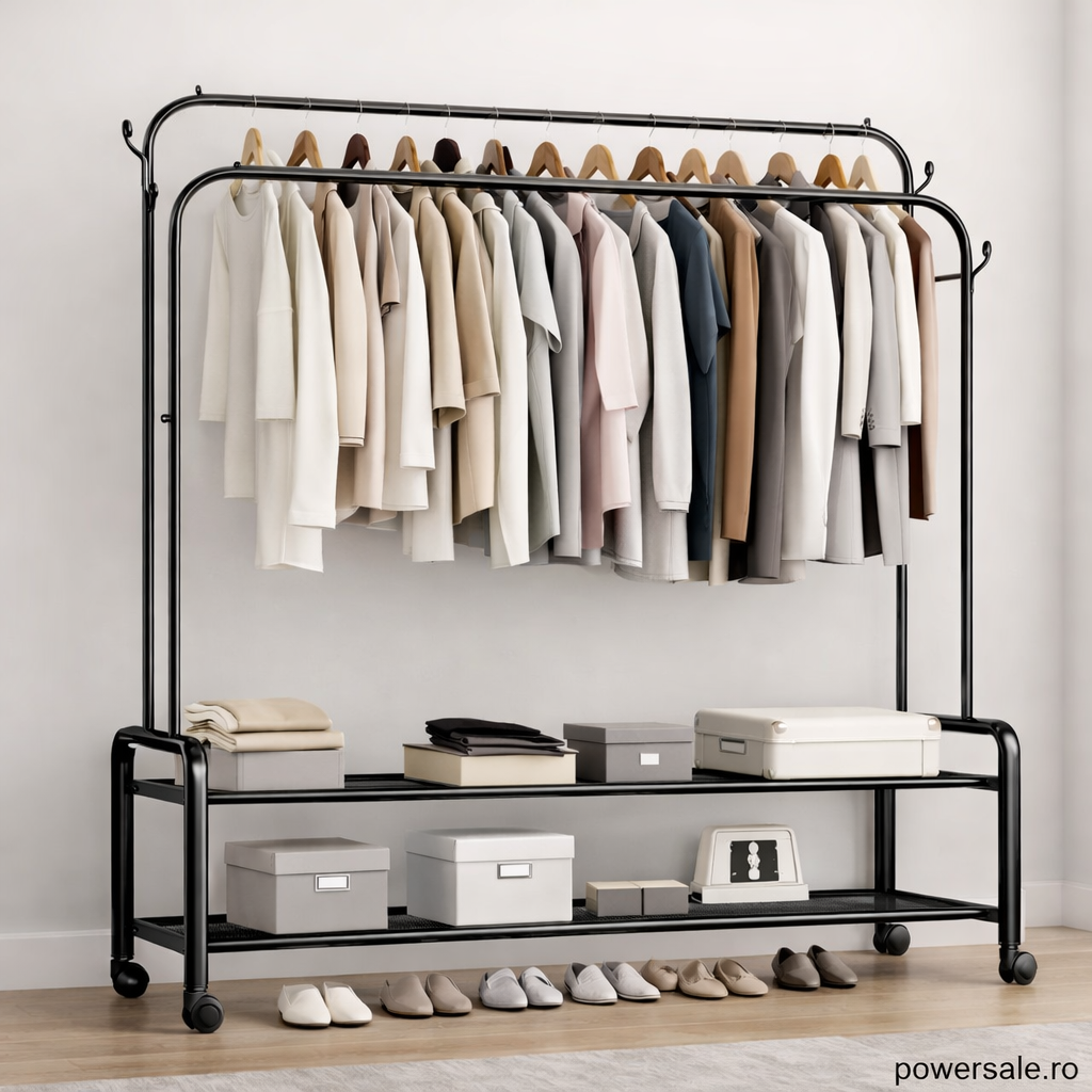 Suport haine metalic cu roți și rafturi 143x96x42 cm – organizator garderobă multifuncțional, suport umerașe haine negru - Boomsale.ro