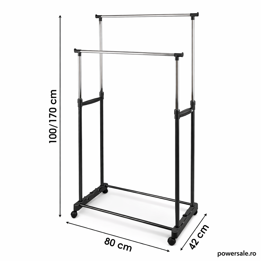 Stender Haine Metalic Dublu cu Înălțime Reglabilă 100-170 cm, cu Roți – Suport pentru Umerașe, Organizator Haine pentru Dormitor sau Dressing - Boomsale.ro