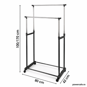 Stender Haine Metalic Dublu cu Înălțime Reglabilă 100-170 cm, cu Roți – Suport pentru Umerașe, Organizator Haine pentru Dormitor sau Dressing - Boomsale.ro