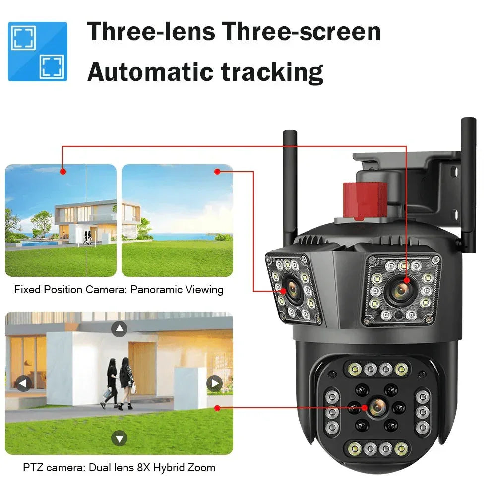 Set 2 camere triple Wi-Fi 6K, 12MP, audio bidirecțional, detecție mișcare AI, night vision, PTZ - Boomsale.ro