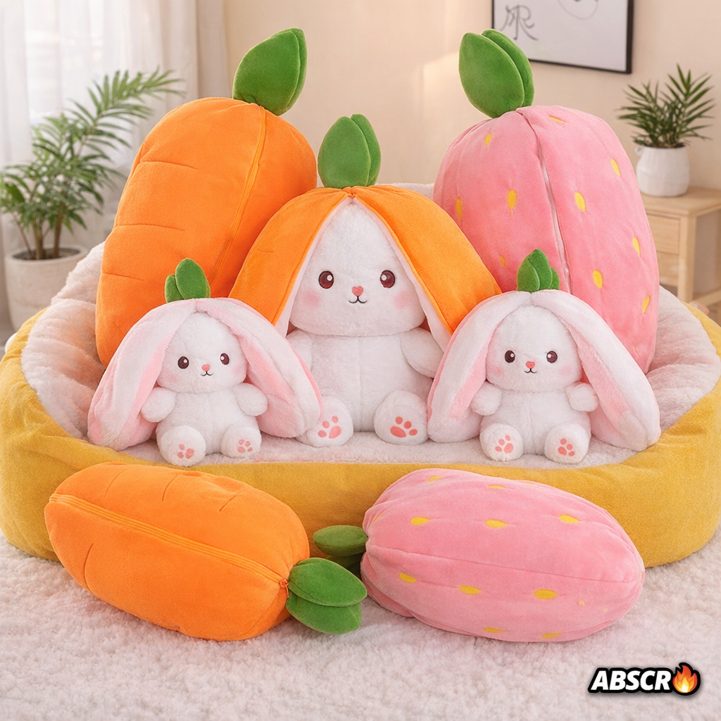 Set 2x Iepuraș de pluș transformabil 2 în 1 (morcov/căpșună) 30 cm – jucărie moale fleece & bumbac copii - Boomsale.ro