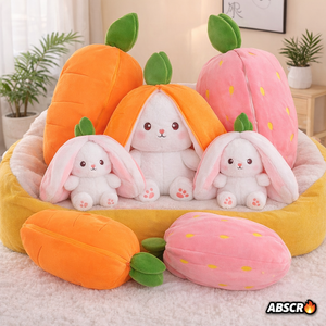 Set 2x Iepuraș de pluș transformabil 2 în 1 (morcov/căpșună) 30 cm – jucărie moale fleece & bumbac copii - Boomsale.ro