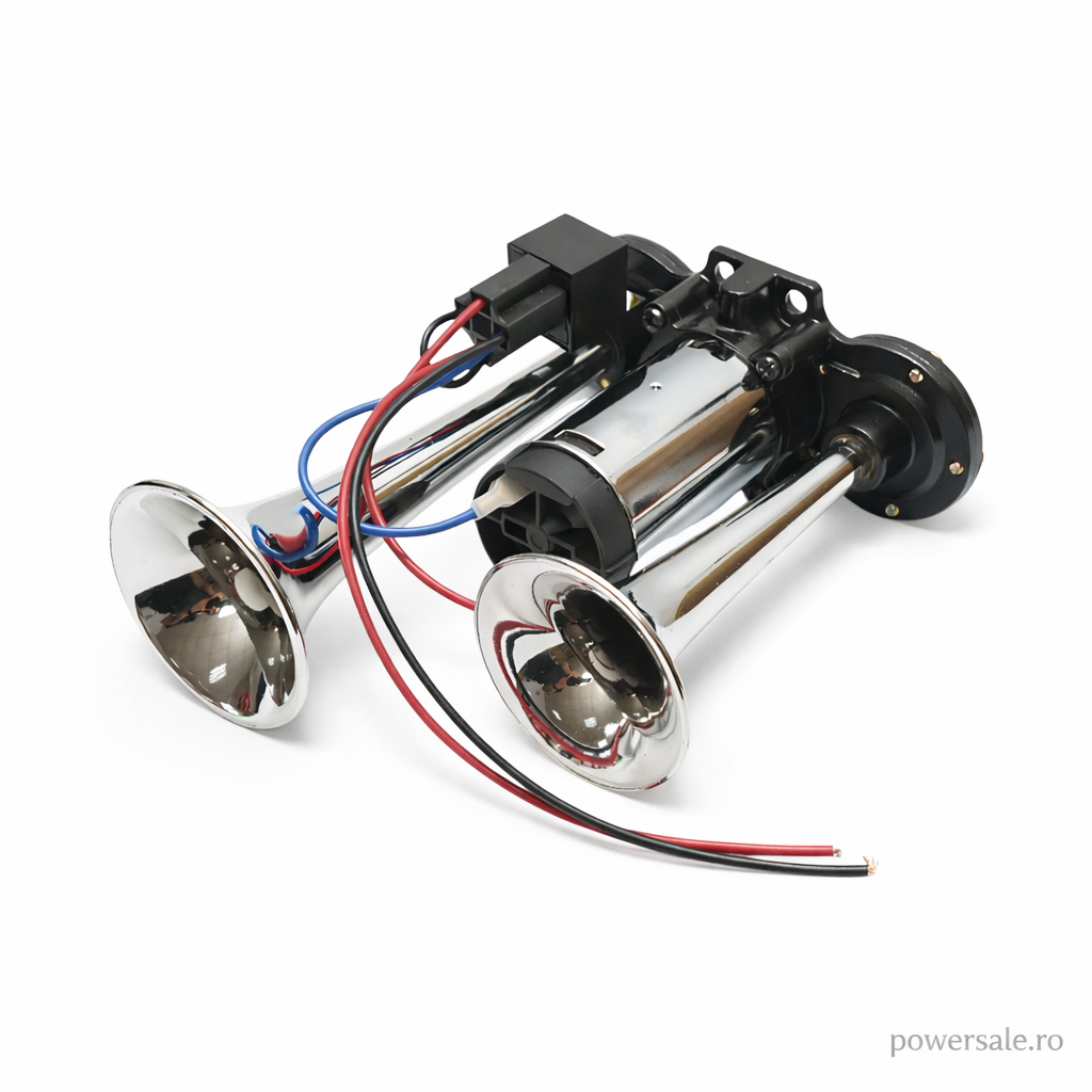 Claxon auto premium cromat cu doua goarne, compresor inclus, 12V - Boomsale.ro