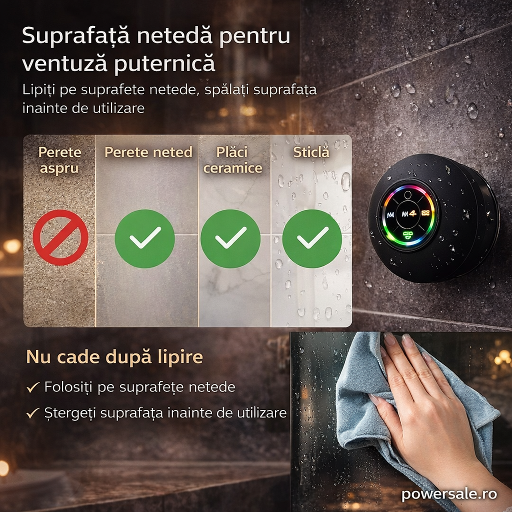 Set 2 Bucăți-Boxă Bluetooth pentru Duș IPX4 cu LED RGB și Ventuză – Waterproof, Portabilă - Boomsale.ro