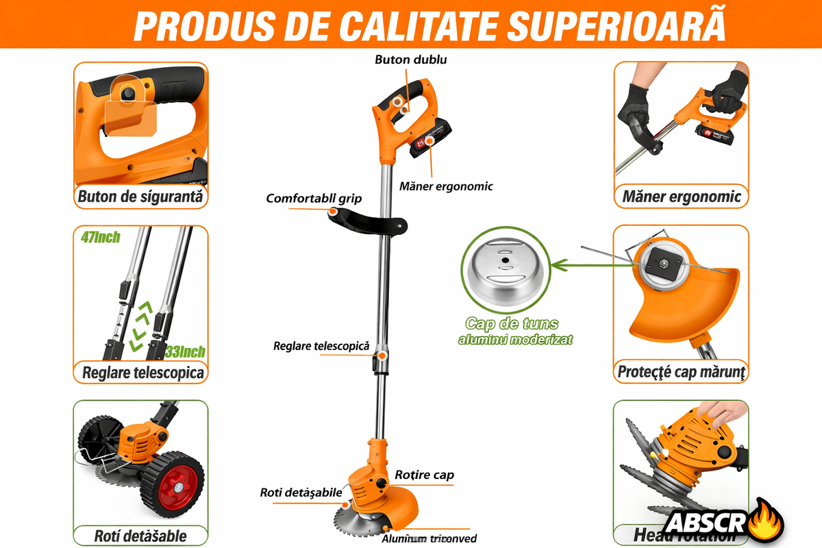 Motocoasă Electrică cu 2 Acumulatori 48V 4000 mAh, 18000 RPM, cu Roți Detasabile, Disc + 2 Lame + 5 Palete Incluse – Trimmer Profesional Iarbă și Buruieni - Boomsale.ro