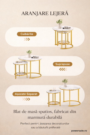 Set 2 masute de cafea rotunde cu efect marmura – Blat MDF + Cadru metalic auriu - Boomsale.ro
