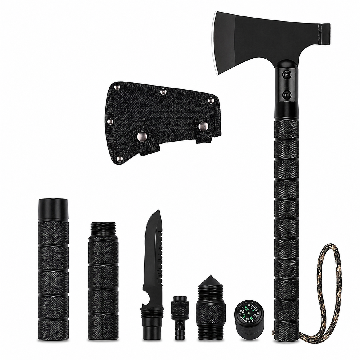 Accesoriu Multifunctional 9 in 1 pentru Camping si Excursii, cu Busola si Fluier, 43.5 cm