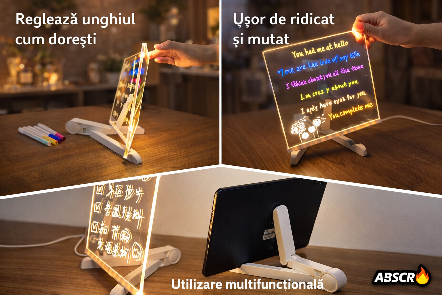 Tabla acrilica luminata LED, pentru desen si scriere, suport reglabil, 7 carioci colorate, laveta inclusa, alimentare USB, 30 x 20 cm, reutilizabila - Boomsale.ro