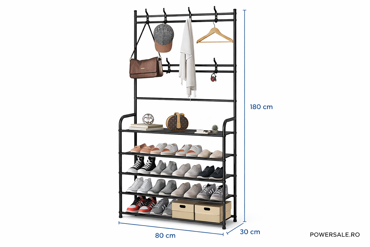 Cuier metalic multifunctional cu pantofar, 4 rafturi spațioase – hol, living, organizator pentru incaltaminte si haine - Boomsale.ro