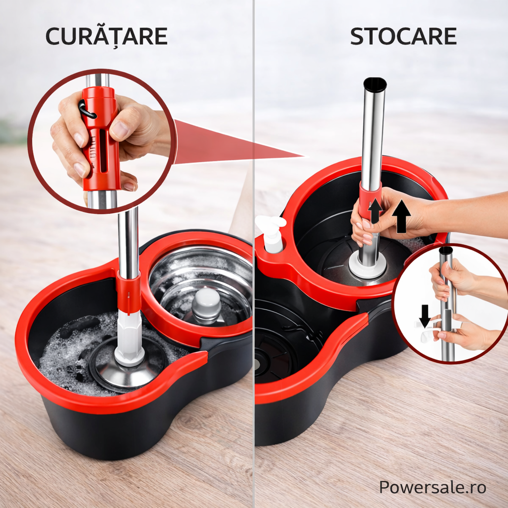 Set Mop Rotativ 360° cu Galeata Dubla, Maner Inox si 5 Rezerve Microfibra - Boomsale.ro