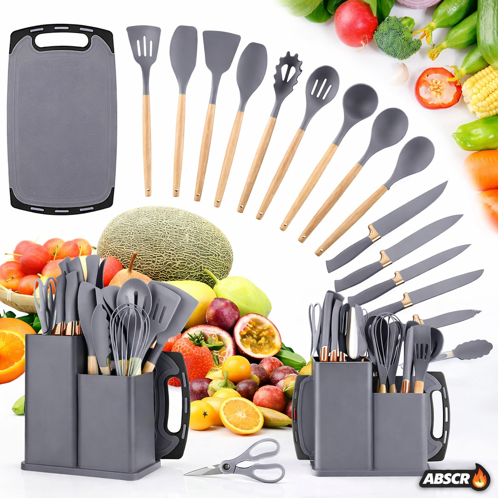 Set ustensile bucatarie 19 piese din silicon alimentar si lemn, rezistente la caldura, cu suport depozitare si tocator inclus - Boomsale.ro