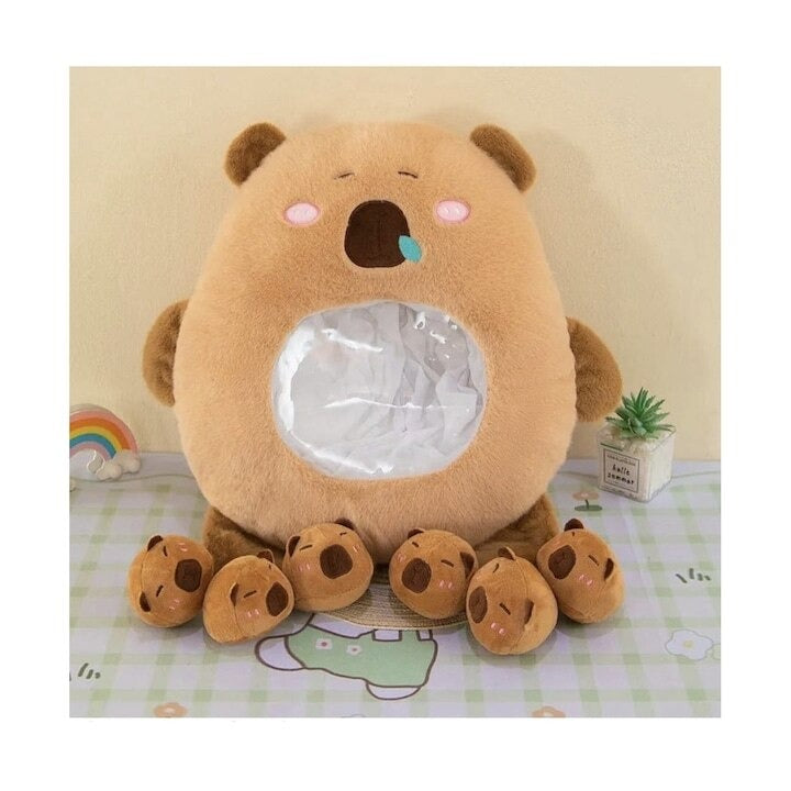 Capibara de Plus cu 6 Pui, Maro, 50 cm,Set Jucării Pufoase - Boomsale.ro