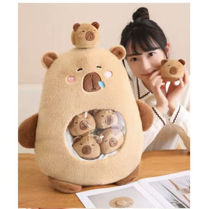 Capibara de Plus cu 6 Pui, Maro, 50 cm,Set Jucării Pufoase - Boomsale.ro