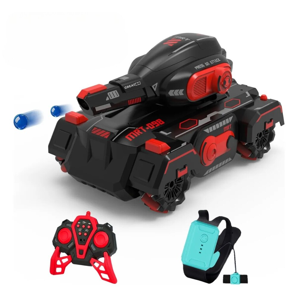 Tanc de Jucarie cu Telecomanda, Control pe Bratara, Bile Hidrogel, Proiectie cu Apa, Rotire 360, Off-road, Lumini si Sunete Interactive – Negru Rosu - Boomsale.ro