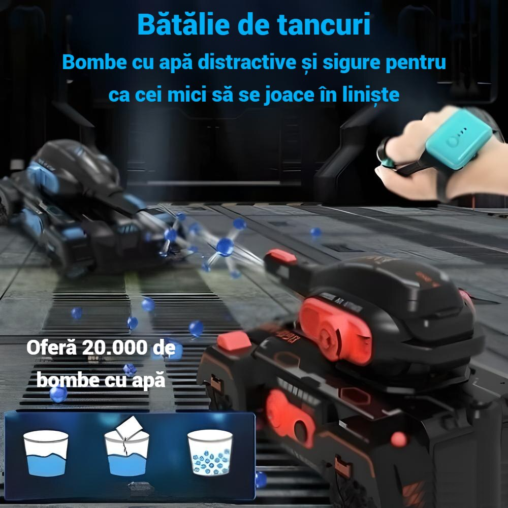 Tanc de Jucarie cu Telecomanda, Control pe Bratara, Bile Hidrogel, Proiectie cu Apa, Rotire 360, Off-road, Lumini si Sunete Interactive – Negru Rosu - Boomsale.ro