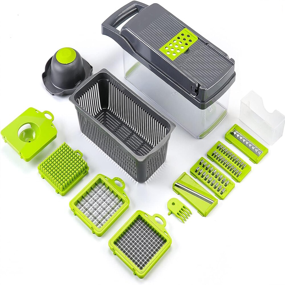 Feliator de Legume Multifuncțional 15 în 1, cu 8 Tăieturi, Lame Inox, Accesorii pentru Tocat și Julienne, Caserolă Inclusă, Verde - Boomsale.ro