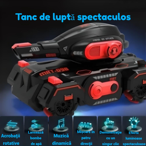 Tanc de Jucarie cu Telecomanda, Control pe Bratara, Bile Hidrogel, Proiectie cu Apa, Rotire 360, Off-road, Lumini si Sunete Interactive – Negru Rosu - Boomsale.ro