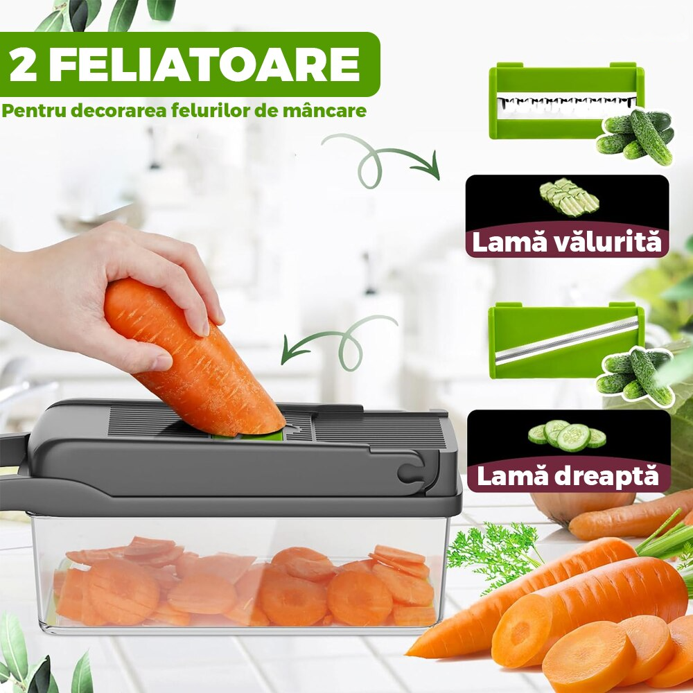 Feliator de Legume Multifuncțional 15 în 1, cu 8 Tăieturi, Lame Inox, Accesorii pentru Tocat și Julienne, Caserolă Inclusă, Verde - Boomsale.ro
