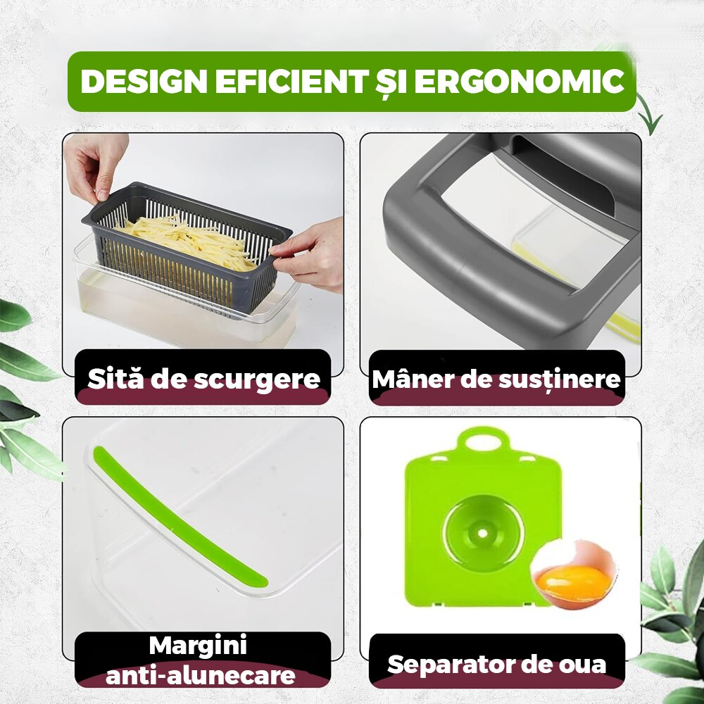 Feliator de Legume Multifuncțional 15 în 1, cu 8 Tăieturi, Lame Inox, Accesorii pentru Tocat și Julienne, Caserolă Inclusă, Verde - Boomsale.ro