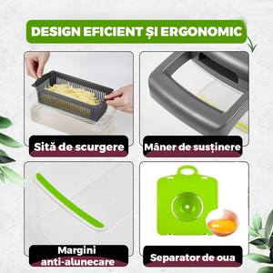 Feliator de Legume Multifuncțional 15 în 1, cu 8 Tăieturi, Lame Inox, Accesorii pentru Tocat și Julienne, Caserolă Inclusă, Verde - Boomsale.ro
