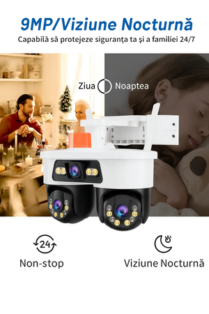 Camera WiFi Exterior 9MP 6K cu 3 Lentile si Cap PTZ 355°, Viziune Nocturna Color si Audio Bidirectional, IP66 + Card 32GB - Boomsale.ro