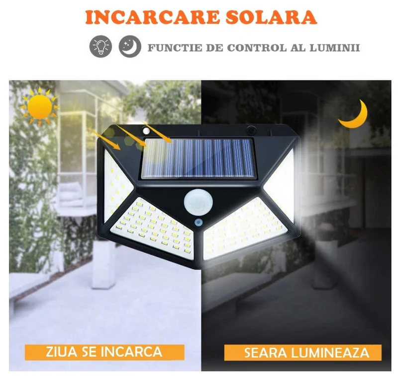 Set 8 Lampi solare 100 LED, cu senzor de miscare + Lanterna de cap cadou - Boomsale.ro