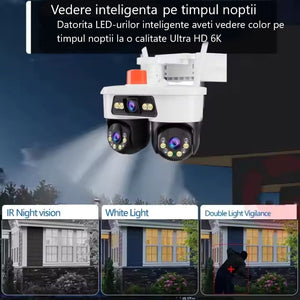 Set 2 Camere WiFi Exterior 9MP 6K cu 3 Lentile si Cap PTZ 355°, Viziune Nocturna Color si Audio Bidirectional, IP66 + 2 x Card 32GB - Boomsale.ro