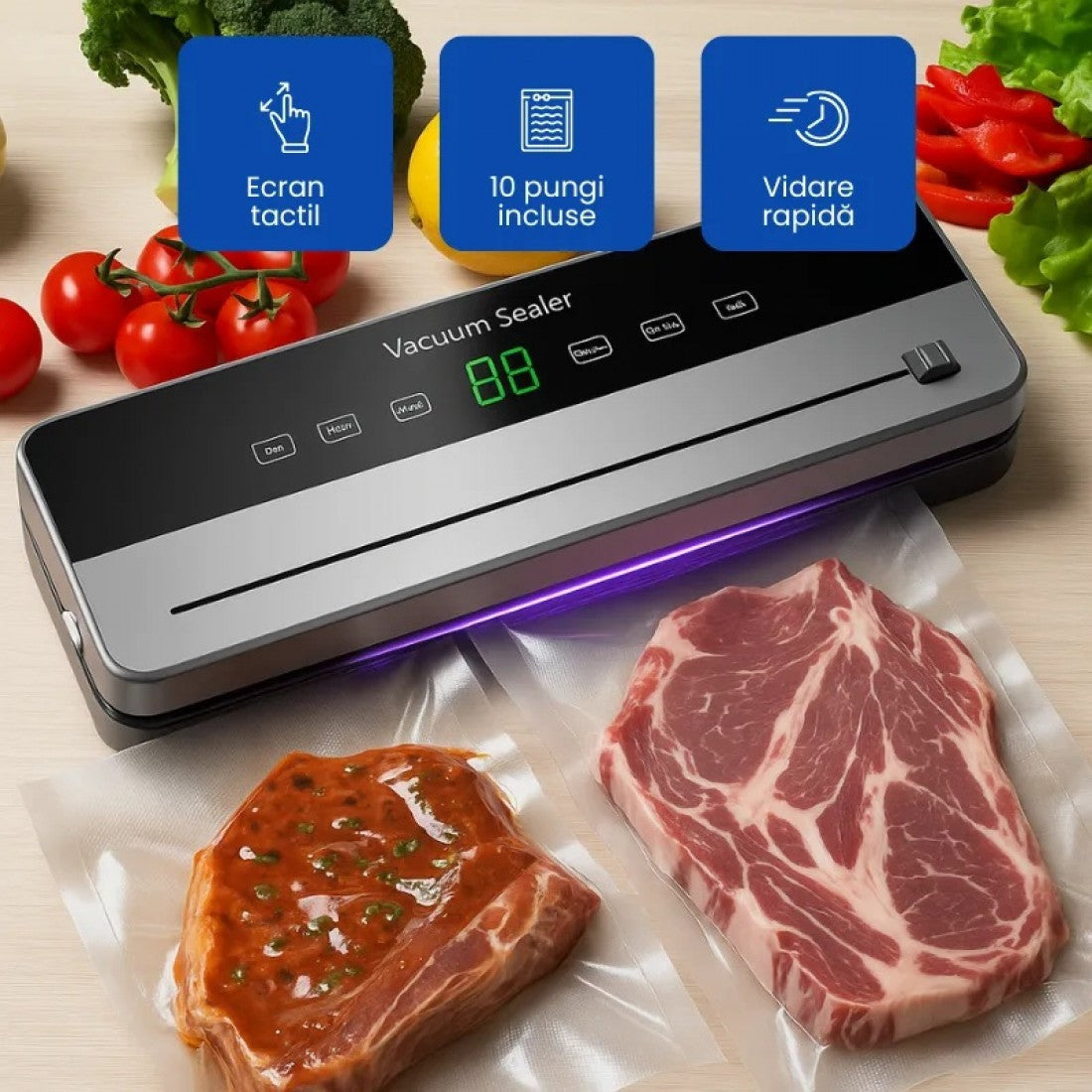Aparat Profesional pentru Vidat si Sigilat Alimente, 10 Pungi Incluse - Boomsale.ro