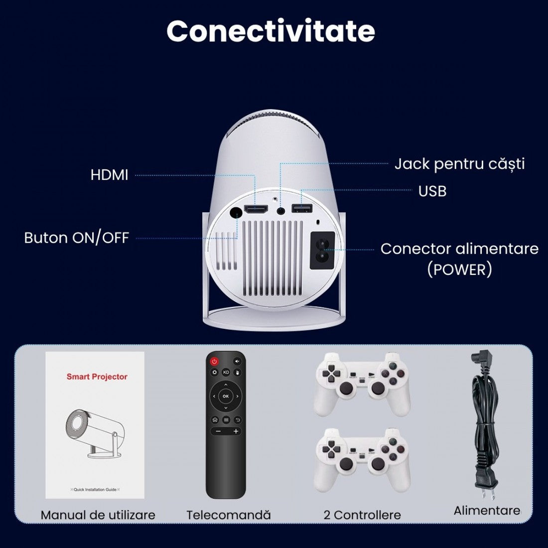 Videoproiector portabil smart cu Android 11, 2 controllere și jocuri incluse, Wi-Fi 6, suport 4K - Boomsale.ro