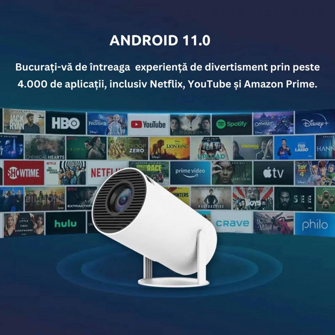 Videoproiector portabil smart cu Android 11, 2 controllere și jocuri incluse, Wi-Fi 6, suport 4K - Boomsale.ro