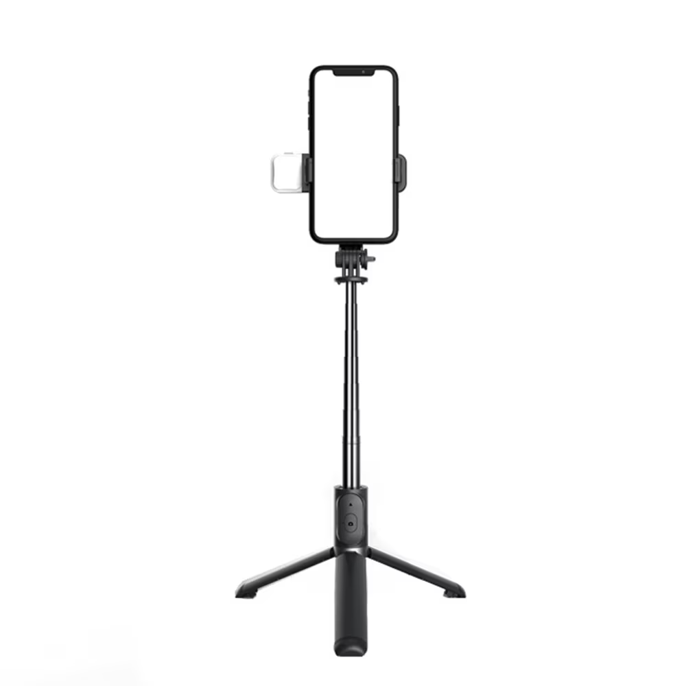 Trepied selfie stick Bluetooth cu lumină LED, extensibil 105 cm, Negru - Boomsale.ro