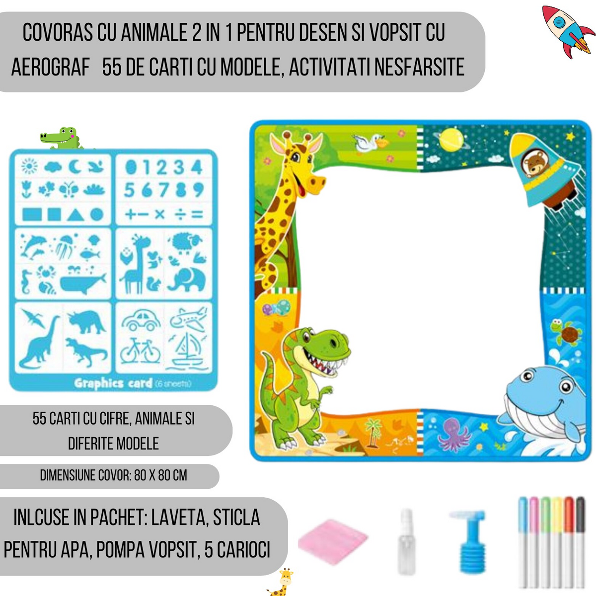 Covoras creativ pentru copii – desen cu apa, inclus carioci si spray, 80x80 cm - Boomsale.ro