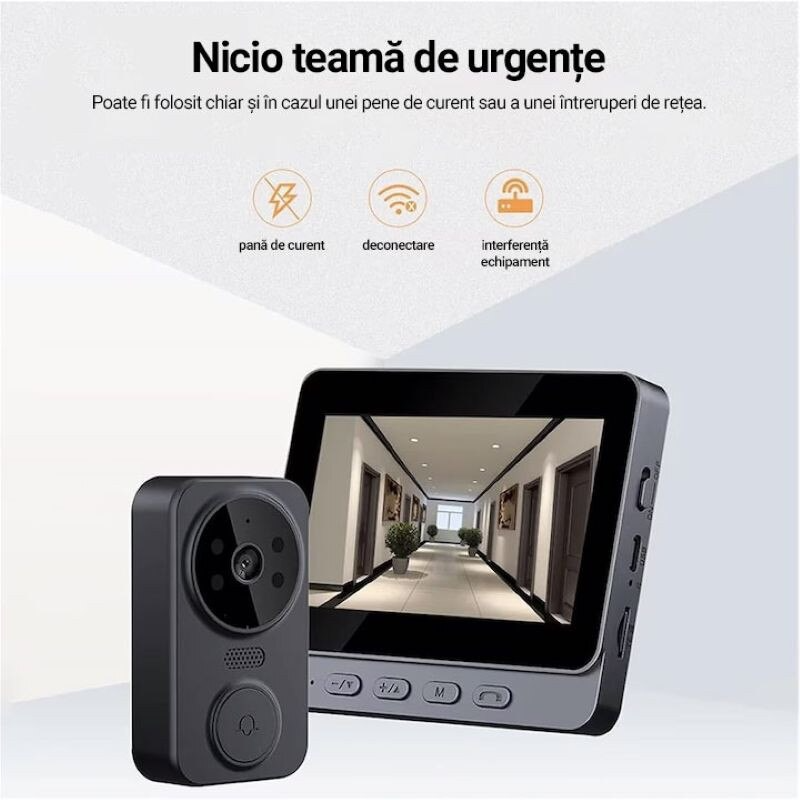 Videointerfon Inteligent cu Ecran 4.3” – Cameră HD 1080P, Comunicare Bidirecțională, Vedere Nocturnă, Baterie Reîncărcabilă - Boomsale.ro
