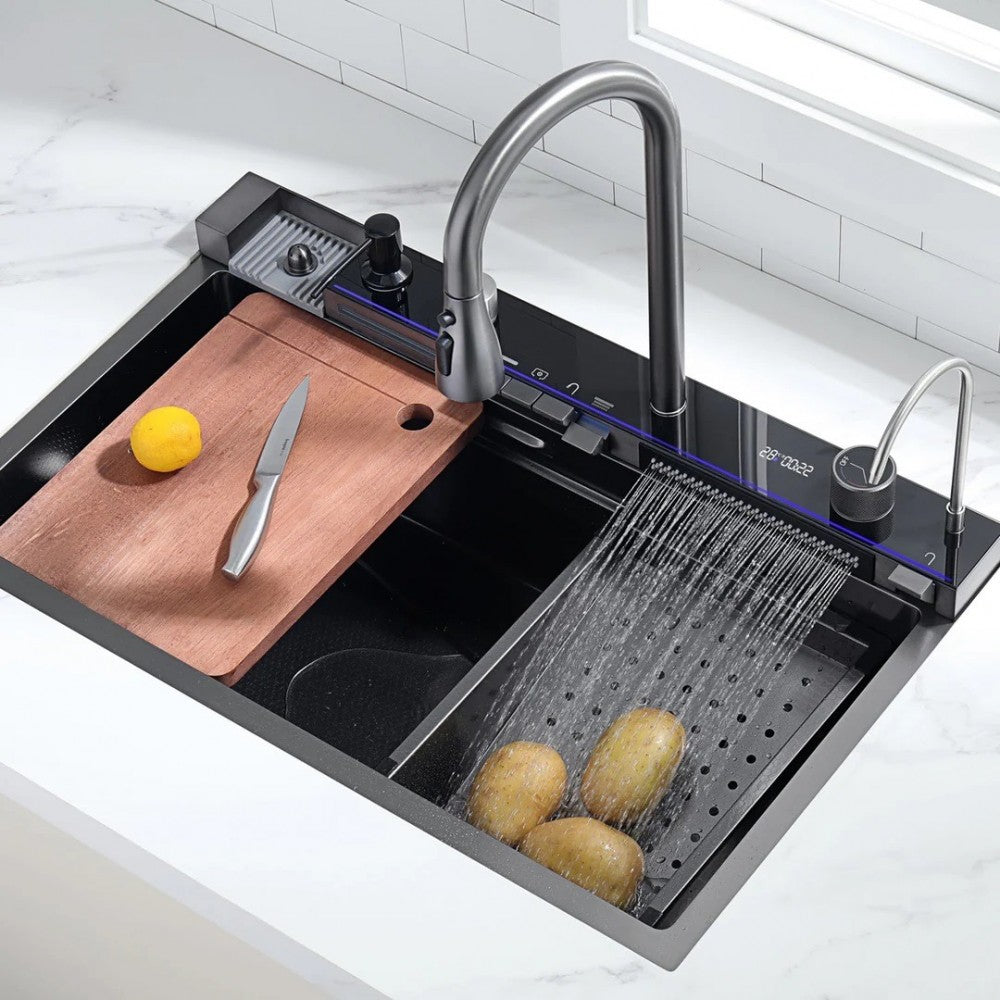 Chiuveta Bucătărie Multifuncțională cu LED – Inox Premium, Gri Închis, 75x45 cm – Puterea Tehnologiei și Designului în Bucătăria Ta - Boomsale.ro