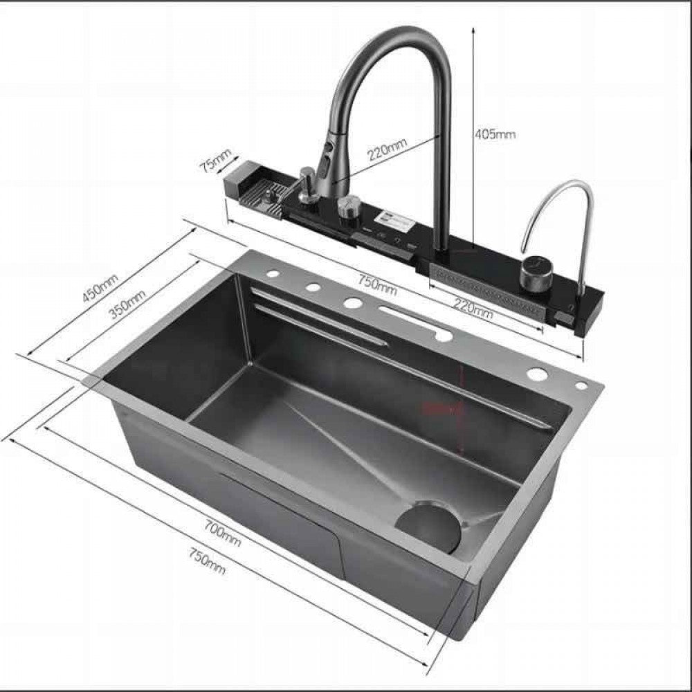 Chiuveta Bucătărie Multifuncțională cu LED – Inox Premium, Gri Închis, 75x45 cm – Puterea Tehnologiei și Designului în Bucătăria Ta - Boomsale.ro
