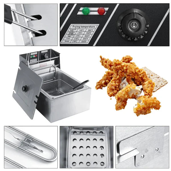Friteuza Electrica Profesionala 6L, Inox, 2500W – Termostat Reglabil, Capac Antistropire, Usor de Curatat - Boomsale.ro