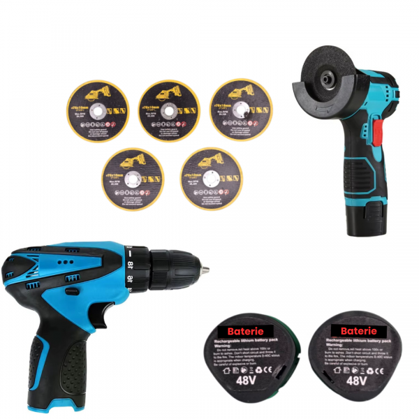 Set portabil 2 în 1: Mașină de găurit de 48 V și polizor unghiular de 10.000 RPM cu baterii, discuri de tăiere și accesorii - Boomsale.ro